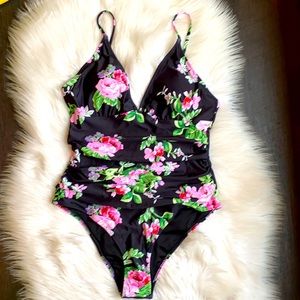 PHURRO Black Floral one piece Swim Suit Ruched